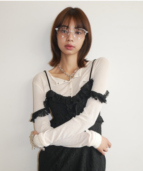 HONEY MI HONEY（ハニーミーハニー）の「sheer teleco henley neck tops（Tシャツ/カットソー・レディース・ブラック/ピンク/グレー/ホワイト/アイボリー・FREE）」の14枚目の写真