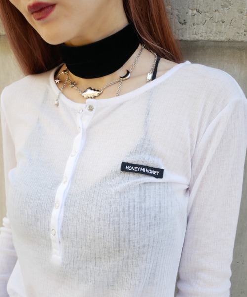 HONEY MI HONEY（ハニーミーハニー）の「sheer teleco henley neck tops（Tシャツ/カットソー・レディース・ブラック/ピンク/グレー/ホワイト/アイボリー・FREE）」の12枚目の写真