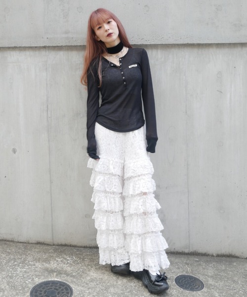 HONEY MI HONEY（ハニーミーハニー）の「sheer teleco henley neck tops（Tシャツ/カットソー・レディース・ブラック/ピンク/グレー/ホワイト/アイボリー・FREE）」の9枚目の写真