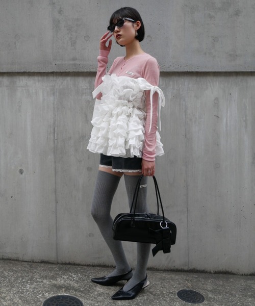 HONEY MI HONEY（ハニーミーハニー）の「sheer teleco henley neck tops（Tシャツ/カットソー・レディース・ブラック/ピンク/グレー/ホワイト/アイボリー・FREE）」の15枚目の写真