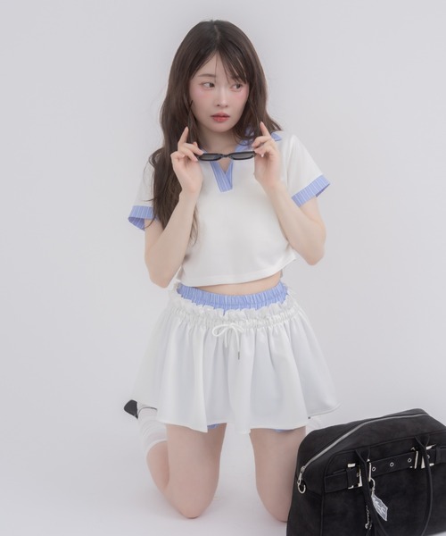 mellowneon(メロウネオン)の「ダブルウエストスカート&ポロセットアップ(セットアップ・レディース・オフホワイト/チャコールグレー・FREE)」の2枚目の写真