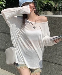 【ヘルシー肌見せ】ルーズシアーロンT オフショルダー長袖Tシャツ ビッグシルエット カットソー シースルー