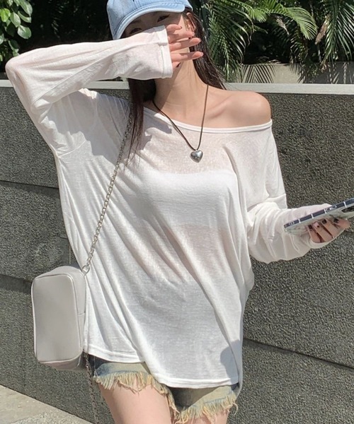 CHEER(チアー)の「【ヘルシー肌見せ】ルーズシアーロンT オフショルダー長袖Tシャツ ビッグシルエット カットソー シースルー(Tシャツ/カットソー・レディース・ブラック/ホワイト・FREE)」の17枚目の写真