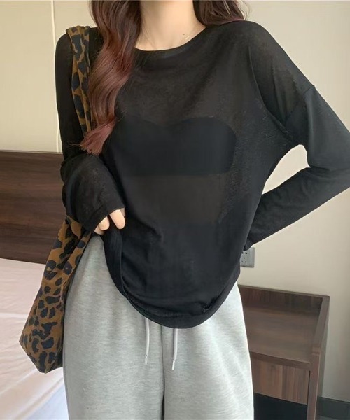 CHEER(チアー)の「【ヘルシー肌見せ】ルーズシアーロンT オフショルダー長袖Tシャツ ビッグシルエット カットソー シースルー(Tシャツ/カットソー・レディース・ブラック/ホワイト・FREE)」の12枚目の写真
