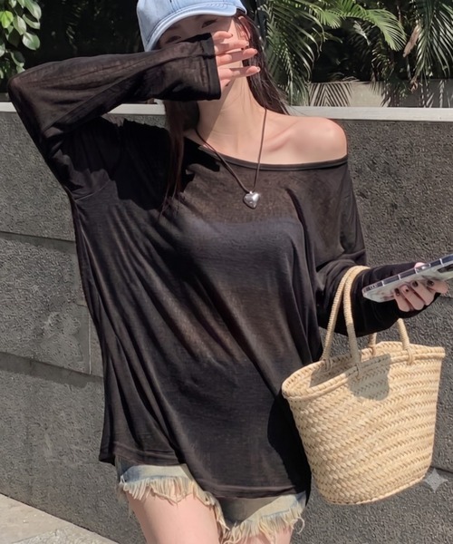 CHEER(チアー)の「【ヘルシー肌見せ】ルーズシアーロンT オフショルダー長袖Tシャツ ビッグシルエット カットソー シースルー(Tシャツ/カットソー・レディース・ブラック/ホワイト・FREE)」の8枚目の写真