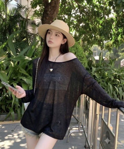 CHEER(チアー)の「【ヘルシー肌見せ】ルーズシアーロンT オフショルダー長袖Tシャツ ビッグシルエット カットソー シースルー(Tシャツ/カットソー・レディース・ブラック/ホワイト・FREE)」の9枚目の写真