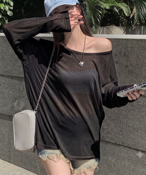 CHEER(チアー)の「【ヘルシー肌見せ】ルーズシアーロンT オフショルダー長袖Tシャツ ビッグシルエット カットソー シースルー(Tシャツ/カットソー・レディース・ブラック/ホワイト・FREE)」の10枚目の写真