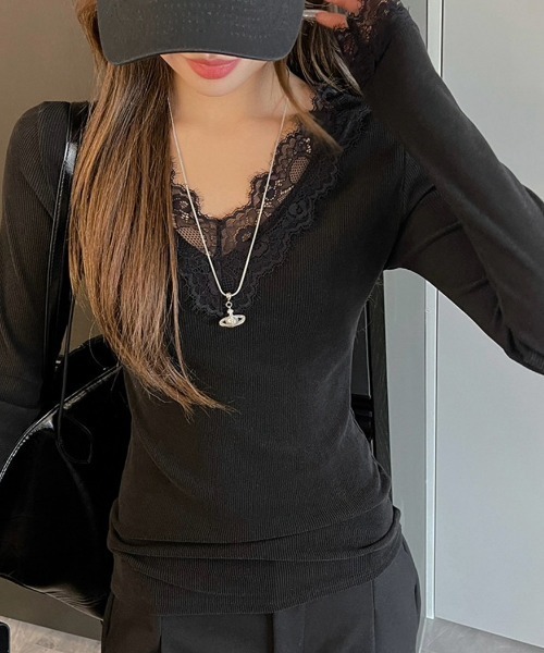 NANEA(ナネア)の「レースVネックロンT(Tシャツ/カットソー・レディース・ホワイト/ブラック・SMALL/MEDIUM)」の8枚目の写真