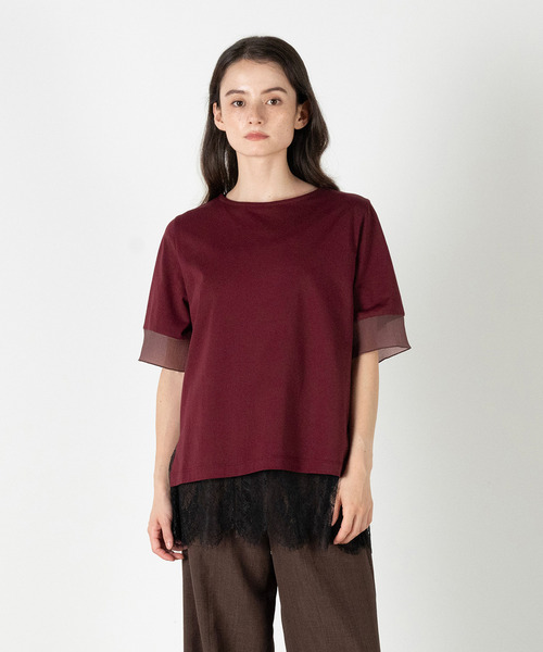 MELROSE claire（メルローズ クレール）の「【袖口シアーファブリック切り替えTシャツ】（Tシャツ/カットソー・レディース・オフホワイト/ブラック/ボルドー・FREE）」の3枚目の写真