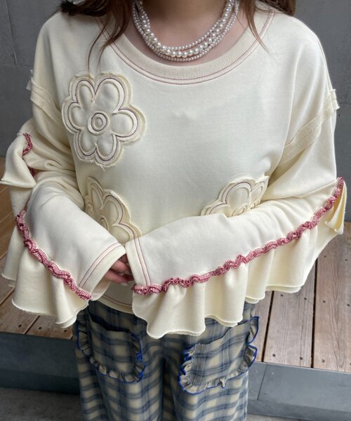 HELLO.SANFRANCISCO（ハローサンフランシスコ）の「【HELLO.SANFRANCISCO】フラワーフリルクロップドスウェット（スウェット・レディース・ネイビー/オレンジ/アイボリー・ONE SIZE）」の8枚目の写真