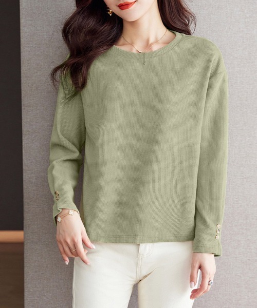 ONEP STAR（ワンピスター）の「袖口ボタン付きワッフルサーマル長袖プルオーバー（Tシャツ/カットソー・レディース・グリーン・MEDIUM/LARGE/X-LARGE）」の7枚目の写真