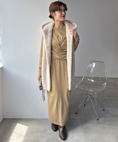 DouDou（ドゥドゥ）の「【OKOCHI企画】スラブドレープワンピース（ワンピース・レディース・ベージュ/ブラック/ブラウン・FREE）」の12枚目の写真