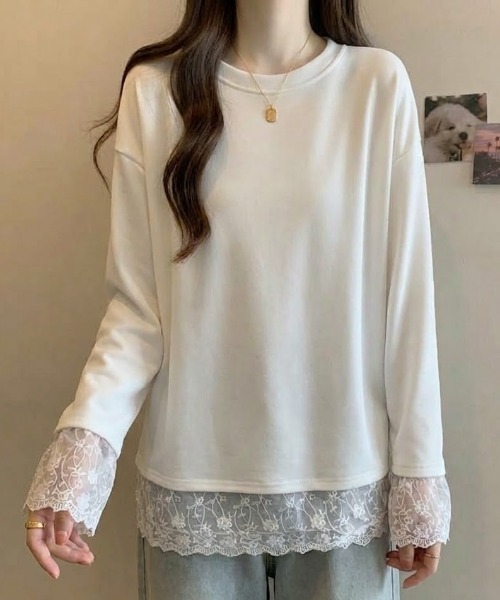 roomy(ルーミー)の「裾カフスレースロンT(Tシャツ/カットソー・レディース・ブラック/オフホワイト・FREE)」の1枚目の写真