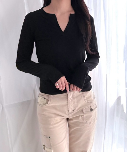 merrylatte（メリーラテ）の「スリットネック ストレッチ 細見え リブカットソー（Tシャツ/カットソー・レディース・ホワイト/グレー/ブラック・FREE）」の10枚目の写真
