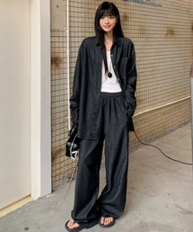 長袖デニムシャツ&ハイウエストデニムパンツセットアップ