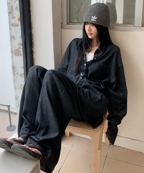 Aelina（エリナ）の「長袖デニムシャツ&ハイウエストデニムパンツセットアップ（セットアップ・レディース・インディゴブルー・FREE）」の6枚目の写真