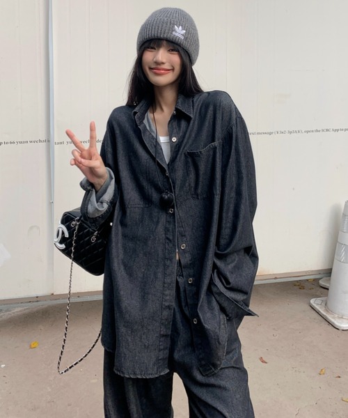 Aelina（エリナ）の「長袖デニムシャツ&ハイウエストデニムパンツセットアップ（セットアップ・レディース・インディゴブルー・FREE）」の3枚目の写真