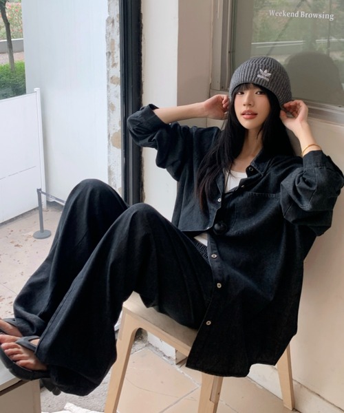 Aelina（エリナ）の「長袖デニムシャツ&ハイウエストデニムパンツセットアップ（セットアップ・レディース・インディゴブルー・FREE）」の8枚目の写真