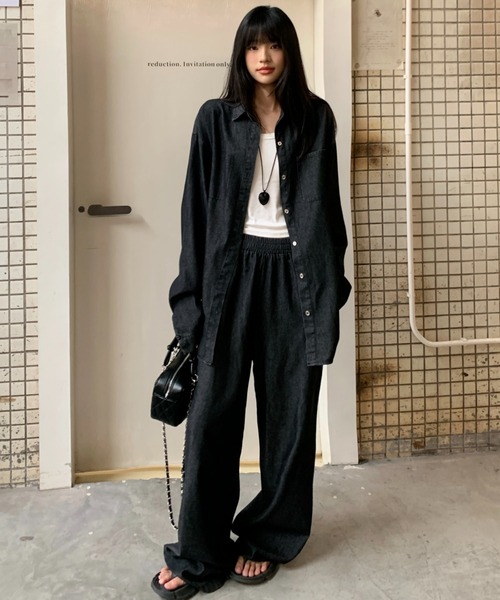 Aelina（エリナ）の「長袖デニムシャツ&ハイウエストデニムパンツセットアップ（セットアップ・レディース・インディゴブルー・FREE）」の18枚目の写真