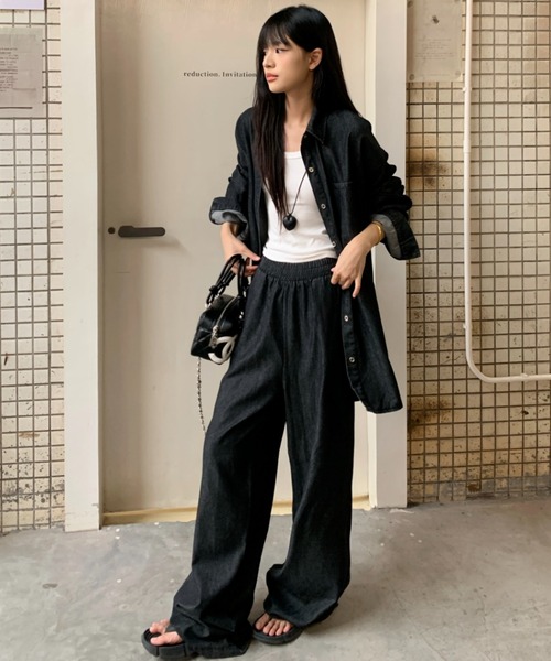 Aelina（エリナ）の「長袖デニムシャツ&ハイウエストデニムパンツセットアップ（セットアップ・レディース・インディゴブルー・FREE）」の19枚目の写真