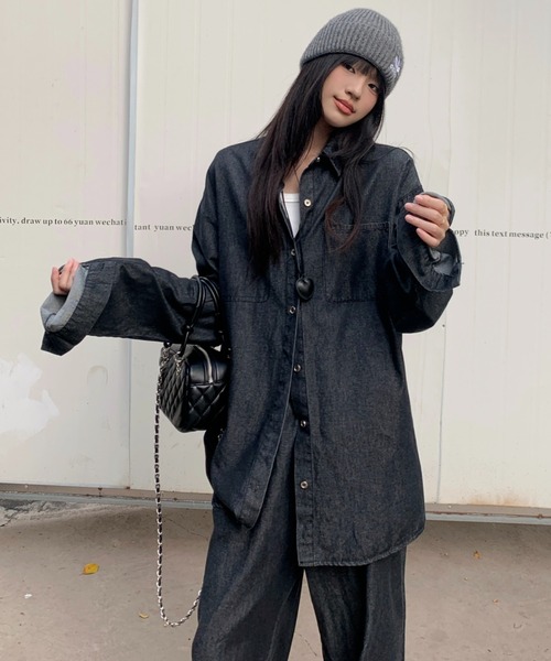 Aelina（エリナ）の「長袖デニムシャツ&ハイウエストデニムパンツセットアップ（セットアップ・レディース・インディゴブルー・FREE）」の4枚目の写真