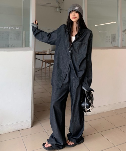 Aelina（エリナ）の「長袖デニムシャツ&ハイウエストデニムパンツセットアップ（セットアップ・レディース・インディゴブルー・FREE）」の15枚目の写真