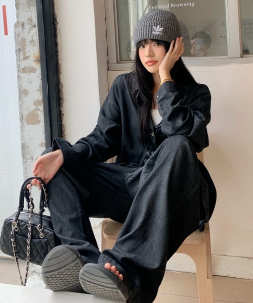 Aelina（エリナ）の「長袖デニムシャツ&ハイウエストデニムパンツセットアップ（セットアップ・レディース・インディゴブルー・FREE）」の7枚目の写真