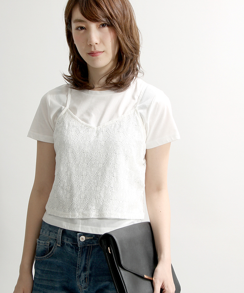 WEGO（ウィゴー）の「WEGO/キャミソールレイヤードTシャツ（キャミソール・レディース・オフホワイト/その他1/その他2/ブラック/ライトベージュ/ピンク・FREE）」の2枚目の写真