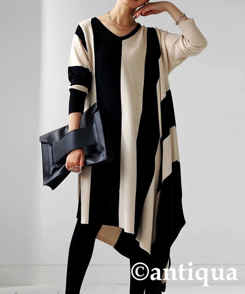 antiqua（アンティカ）の「変形ニットボーダーワンピース（ワンピース・レディース・ブラック系その他・M）」の3枚目の写真