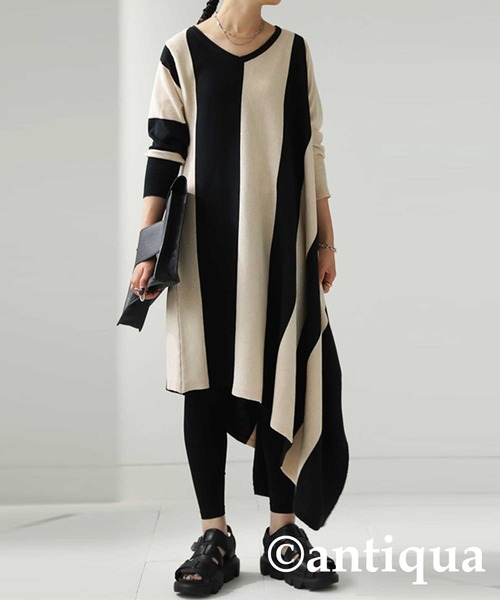 antiqua（アンティカ）の「変形ニットボーダーワンピース（ワンピース・レディース・ブラック系その他・M）」の4枚目の写真