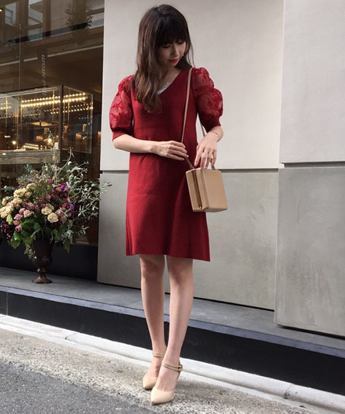 MERCURYDUO（マーキュリーデュオ）の「フロッキースリーブニットワンピース（ワンピース・レディース・ライトグレー/ボルドー/アイボリー・FREE）」の3枚目の写真