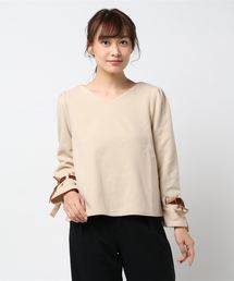 袖元のベロアリボンが高級感溢れるオトナの上品tops！Vネック★ベロアリボンフェイクウールトップス/レディース[C3025]神戸レタス