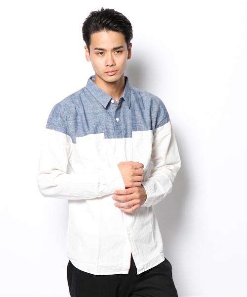 WEGO（ウィゴー）の「WEGO/メランジダンガリーシャツ（シャツ/ブラウス・メンズ・ホワイト系その他/ホワイト/ネイビー/レッド・LARGE/MEDIUM）」の3枚目の写真