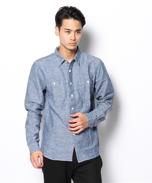 WEGO（ウィゴー）の「WEGO/メランジダンガリーシャツ（シャツ/ブラウス・メンズ・ホワイト系その他/ホワイト/ネイビー/レッド・LARGE/MEDIUM）」の2枚目の写真