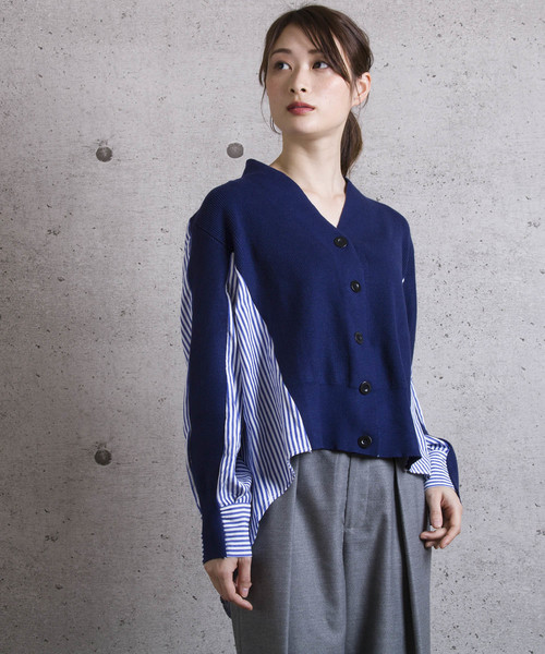 LUGG NAGG(ラグナグ)の「【Jewelobe/ ジュエローブ】 ニット切替デザインシャツ(シャツ/ブラウス・レディース・ブラック/ネイビー/グレー・FREE)」の1枚目の写真