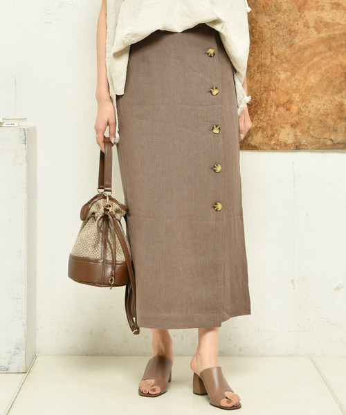 DouDou（ドゥドゥ）の「ボタンタイトスカート（スカート・レディース・ブラウン/ベージュ・36/38）」の2枚目の写真