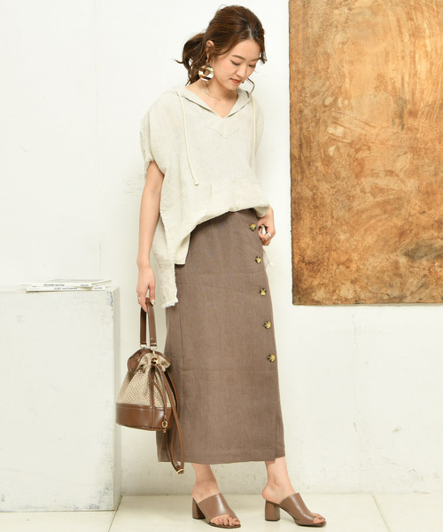 DouDou（ドゥドゥ）の「ボタンタイトスカート（スカート・レディース・ブラウン/ベージュ・36/38）」の7枚目の写真