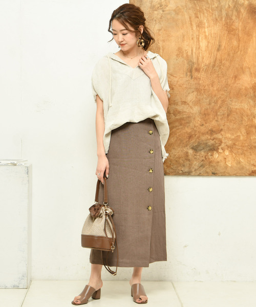 DouDou（ドゥドゥ）の「ボタンタイトスカート（スカート・レディース・ブラウン/ベージュ・36/38）」の9枚目の写真
