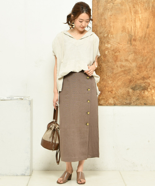 DouDou（ドゥドゥ）の「ボタンタイトスカート（スカート・レディース・ブラウン/ベージュ・36/38）」の14枚目の写真