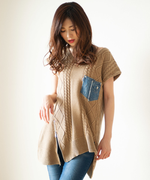 GGD SELECT（ジージーディー　セレクト）の「Roger&Raw/ケーブルデ二ポケノースリP/O（ニット/セーター・レディース・ホワイト/ベージュ/カーキ/杢グレー・M）」の3枚目の写真