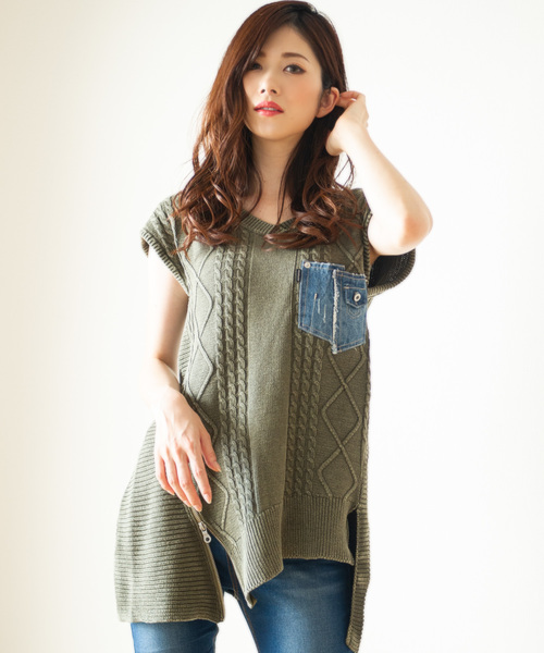 GGD SELECT（ジージーディー　セレクト）の「Roger&Raw/ケーブルデ二ポケノースリP/O（ニット/セーター・レディース・ホワイト/ベージュ/カーキ/杢グレー・M）」の4枚目の写真