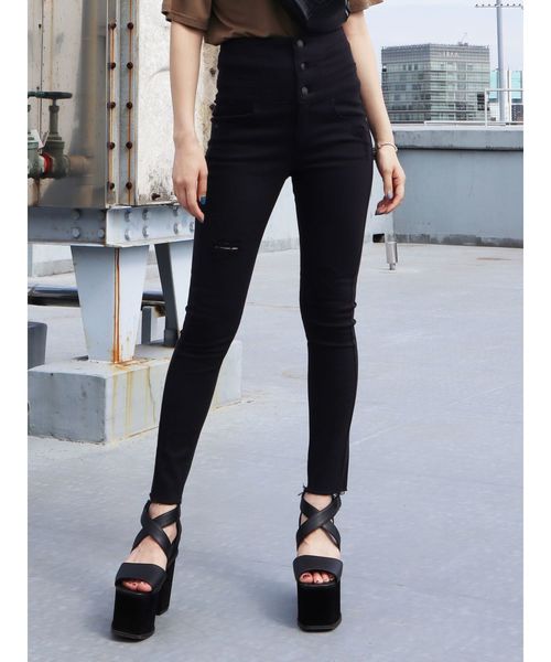 EMODA（エモダ）の「ヘムカットオフハイウエストパギンス（デニムパンツ・レディース・ライトブルー/ブラック/インディゴブルー・SMALL/MEDIUM/X-SMALL）」の2枚目の写真