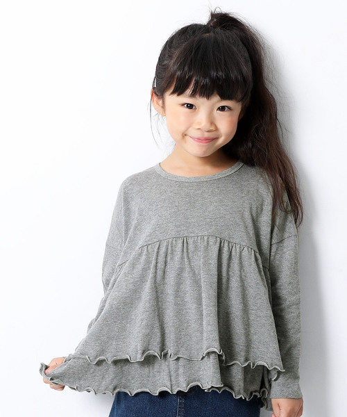 devirock(デビロック)の「ギャザーフリル長袖Tシャツ(Tシャツ/カットソー・キッズ・杢グレー/ラベンダー/モカ/ブラック・160cm/110cm/100cm/120cm/130cm/140cm/150cm)」の3枚目の写真