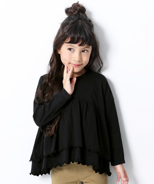 devirock(デビロック)の「ギャザーフリル長袖Tシャツ(Tシャツ/カットソー・キッズ・杢グレー/ラベンダー/モカ/ブラック・160cm/110cm/100cm/120cm/130cm/140cm/150cm)」の2枚目の写真