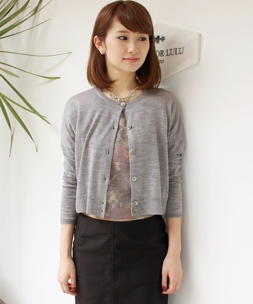 EDIT. FOR LULU（エディットフォールル）の「◆ショートボクシーカーディガン（ニット/セーター・レディース・グレー/グリーン/ネイビー/ピンク・FREE）」の2枚目の写真