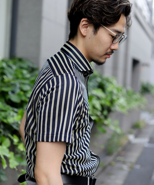 CROWDED CLOSET(クラウデッドクローゼット)の「ジャガードジャージストライプシャツ(ビジネスシャツ・メンズ・ブラック×イエロー・S/LL/M/L)」の11枚目の写真