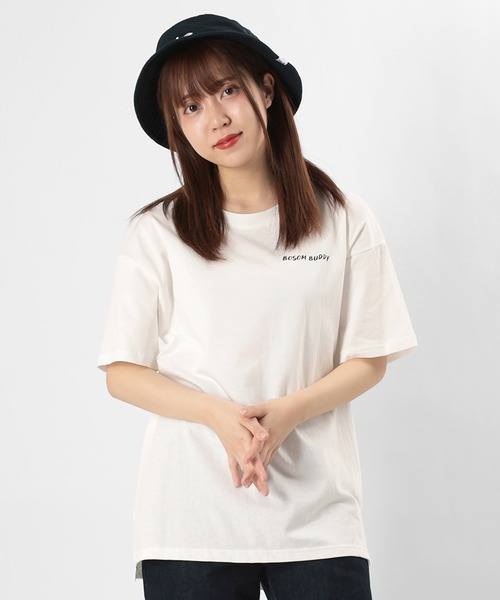 make a ray!(メイク ア レイ!)の「ビッグシルエット Girls Pease Sign イラスト ロゴプリント バックプリント オーバーサイズ/半袖Tシャツ(Tシャツ/カットソー・レディース・オフホワイト/ミント/ライトパープル・M/L)」の21枚目の写真