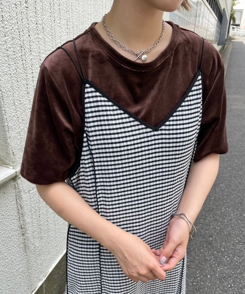 Kastane（カスタネ）の「ベロアチビTee（Tシャツ/カットソー・レディース・アイボリー/ダークブラウン/ピンク・FREE）」の2枚目の写真