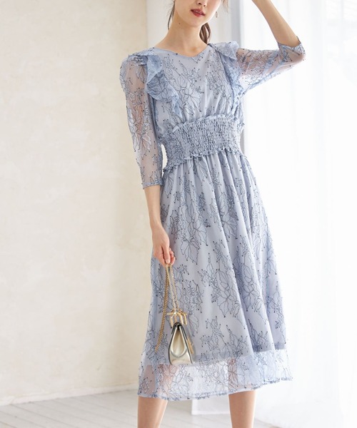tocco closet(トッコ クローゼット)の「フリル付きウエストシャーリングチュールレースワンピース(ワンピース・レディース・サックスブルー/ブラック・M)」の2枚目の写真