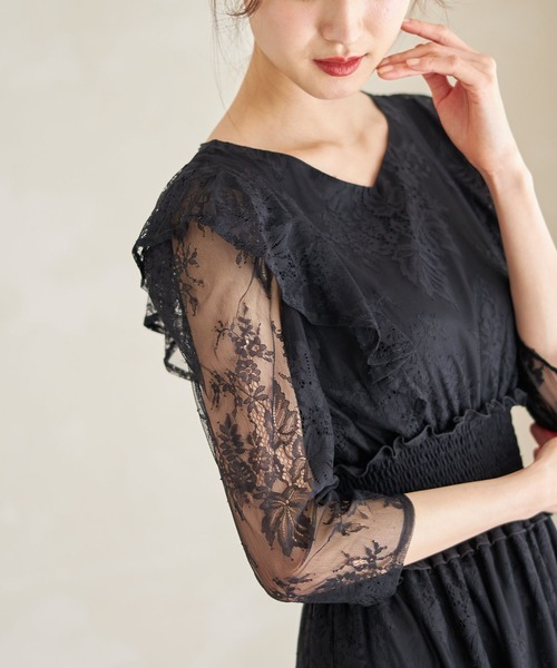 tocco closet(トッコ クローゼット)の「フリル付きウエストシャーリングチュールレースワンピース(ワンピース・レディース・サックスブルー/ブラック・M)」の19枚目の写真